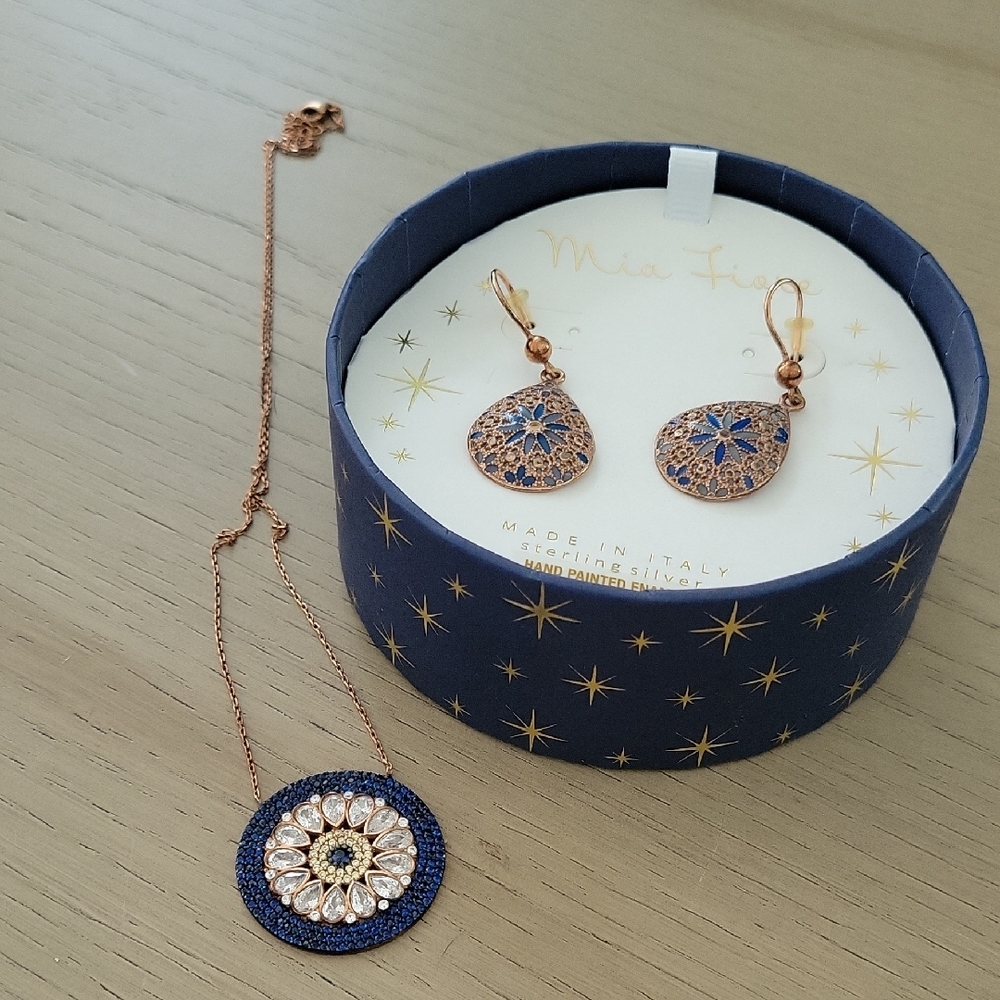 Elegant Blue and Gold Necklace With Earrings - Picture 5 of 5